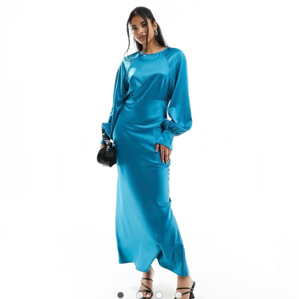 ASOS turquoise satin long sleeve dress 14 - Picture 2 of 14